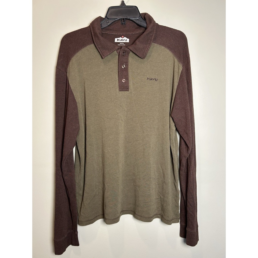 KAVU Mens Polo Shirt M Long Sleeve Brown Green Colorblock Collared Logo